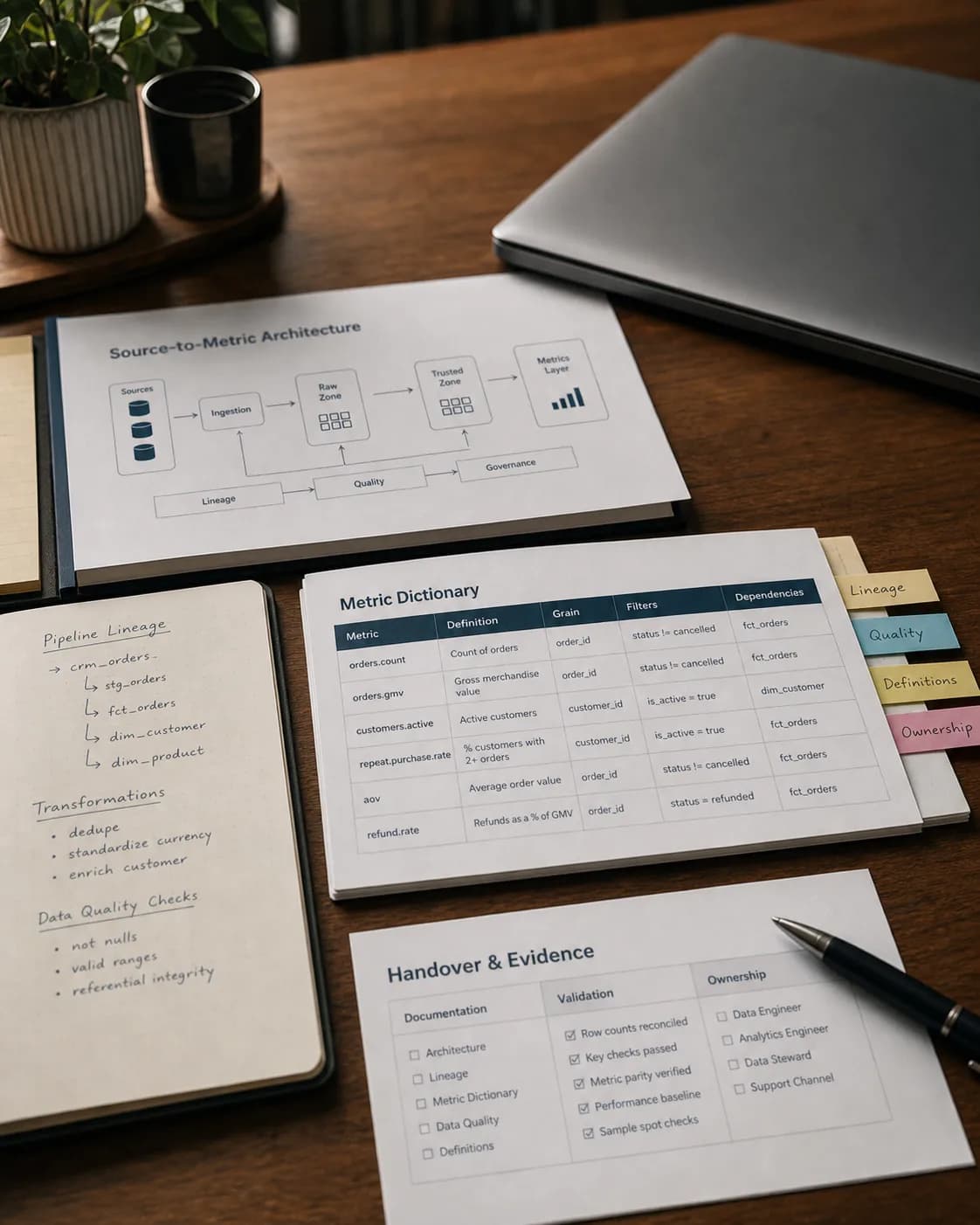Printed source-to-metric architecture, metric dictionary, lineage notes, and handover evidence on a data engineering workspace.