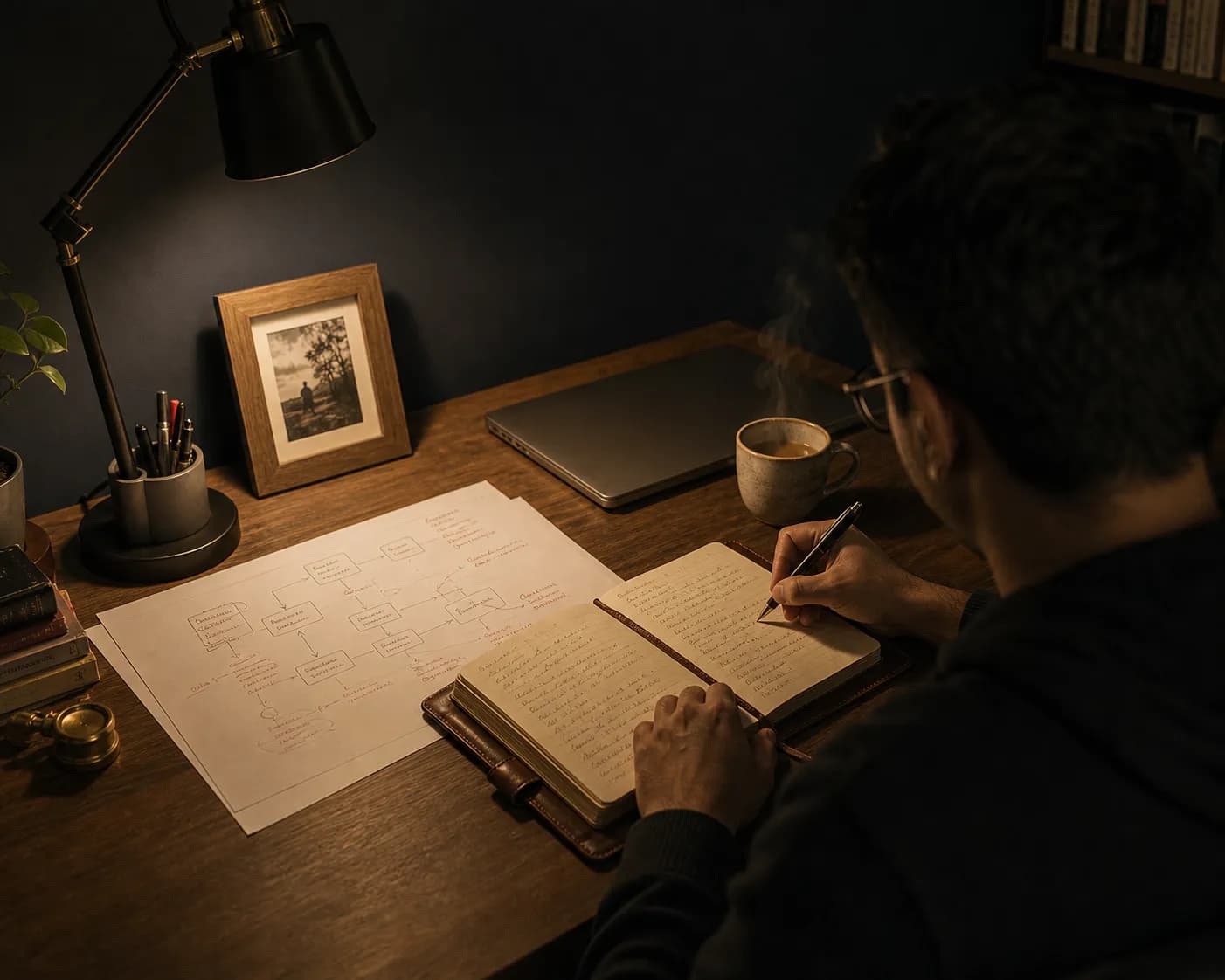 A founder writing notes beside a printed architecture diagram in a quiet evening workspace.