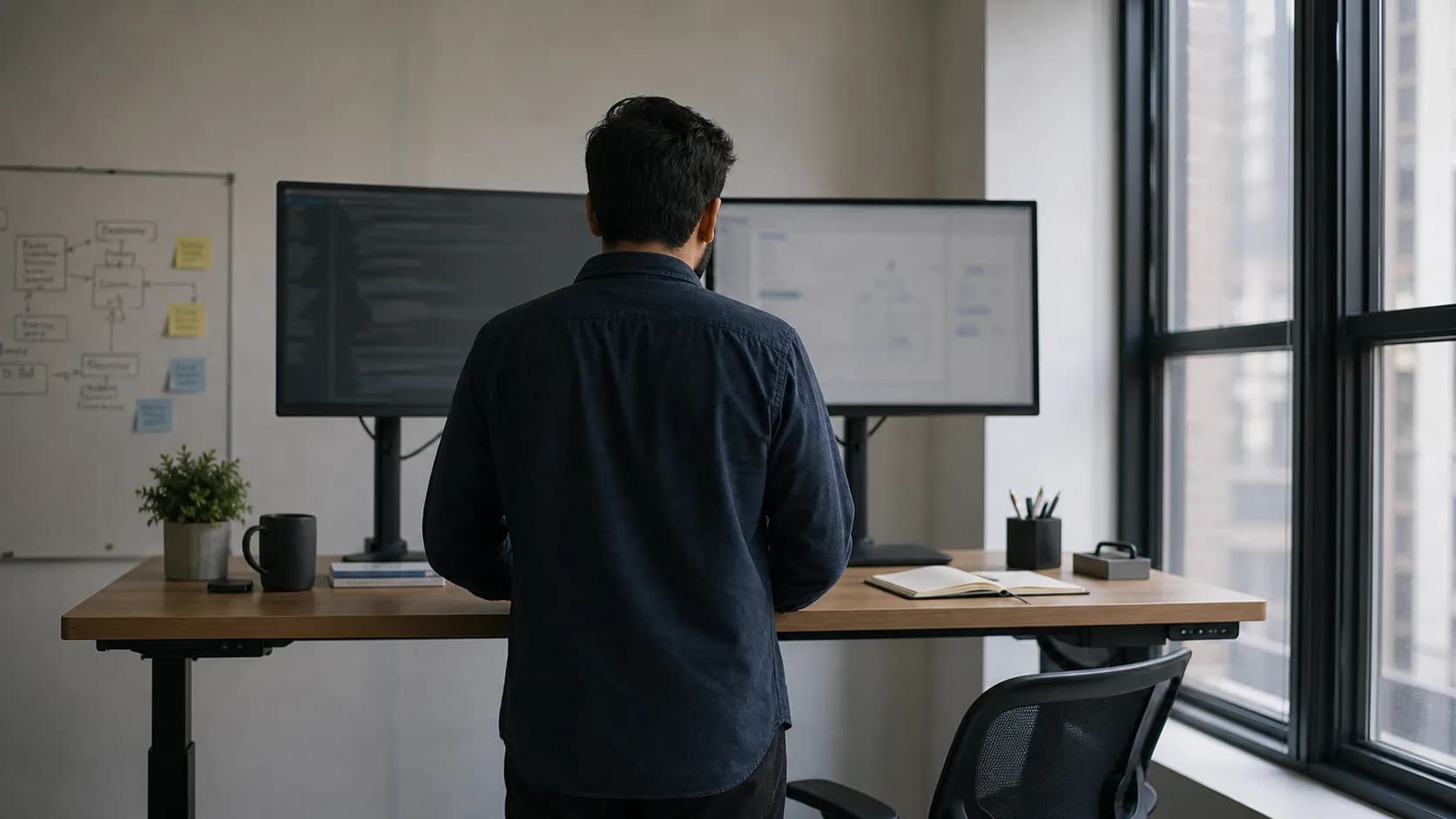An engineer at a standing desk reviewing blurred monitors in natural window light.