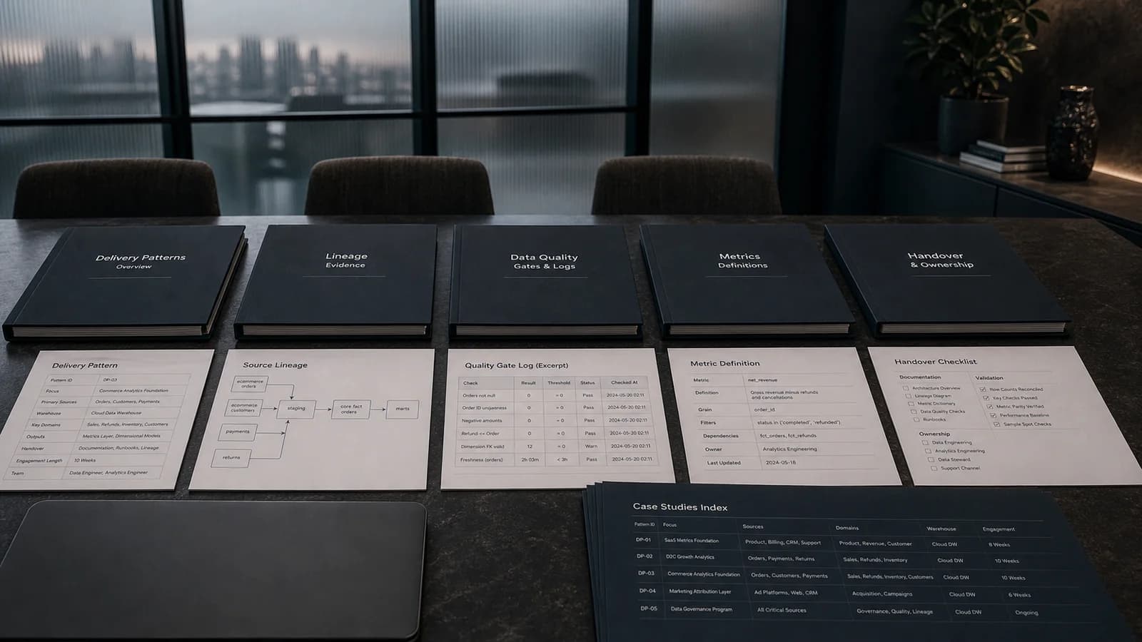 A formal evidence review table with delivery pattern folders, lineage records, quality gate logs, metric definitions, and handover documents.