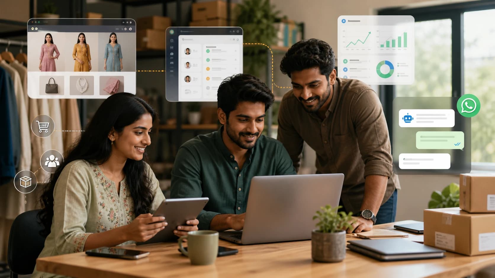startup team working around laptops with dashboards, planning notes, and product analytics screens