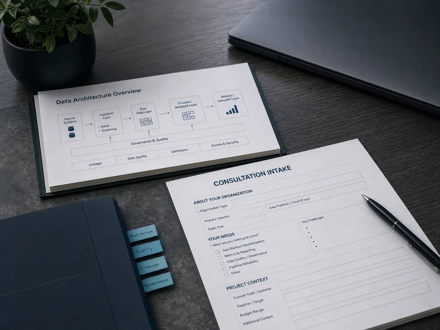 A data architecture worksheet and consultation intake form on a clean modern workspace.
