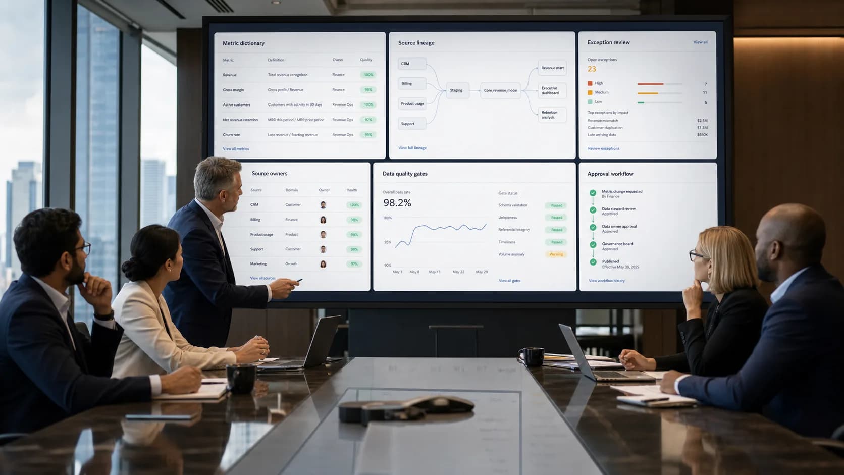 Executive analytics governance review with metric dictionary, source lineage, exception review, source owners, and data quality gates