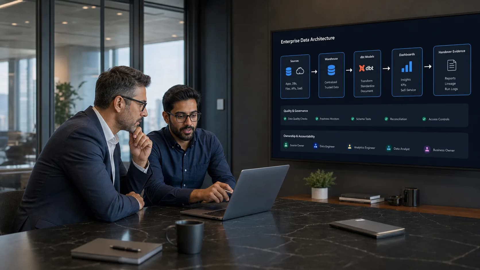 Senior data engineer and executive stakeholder reviewing a source-to-warehouse-to-dashboard architecture map with quality and handover evidence
