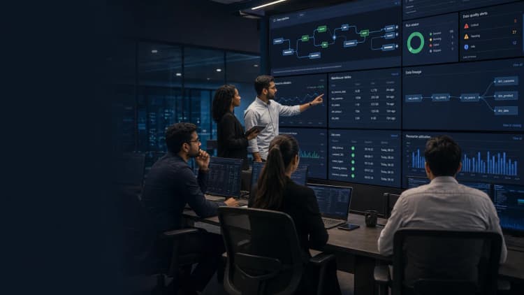 Data platform command center showing contracts, tests, lineage, and runbooks.