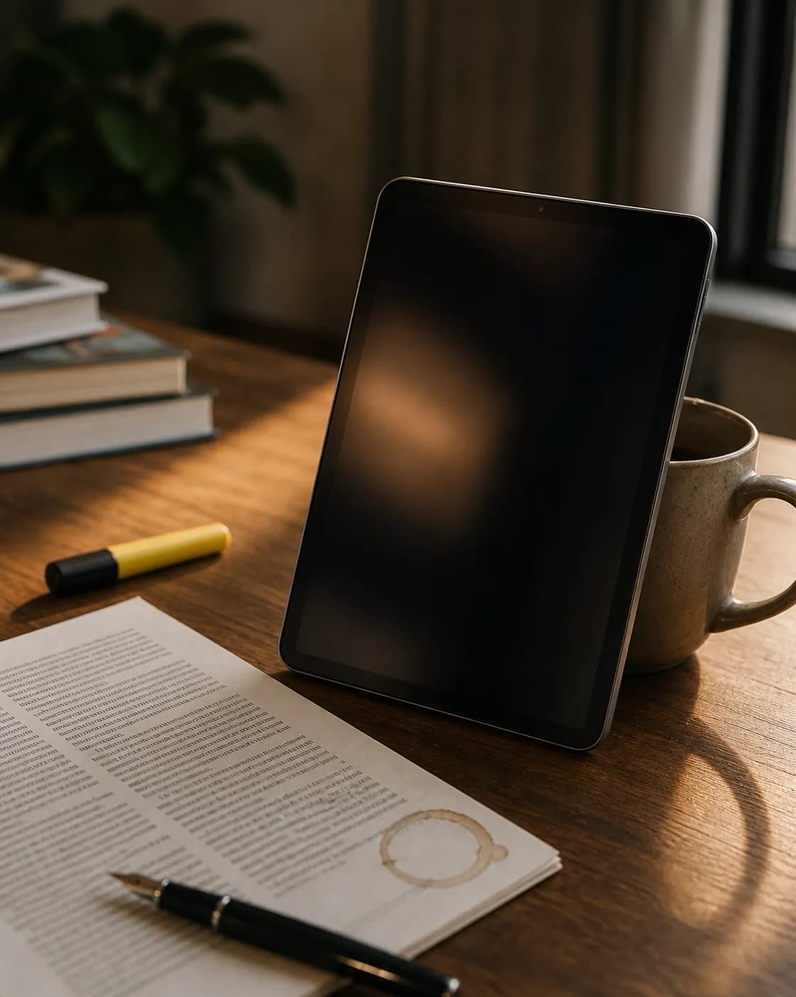 A tablet with its screen off beside a printed article, coffee mug, pen, and highlighter.
