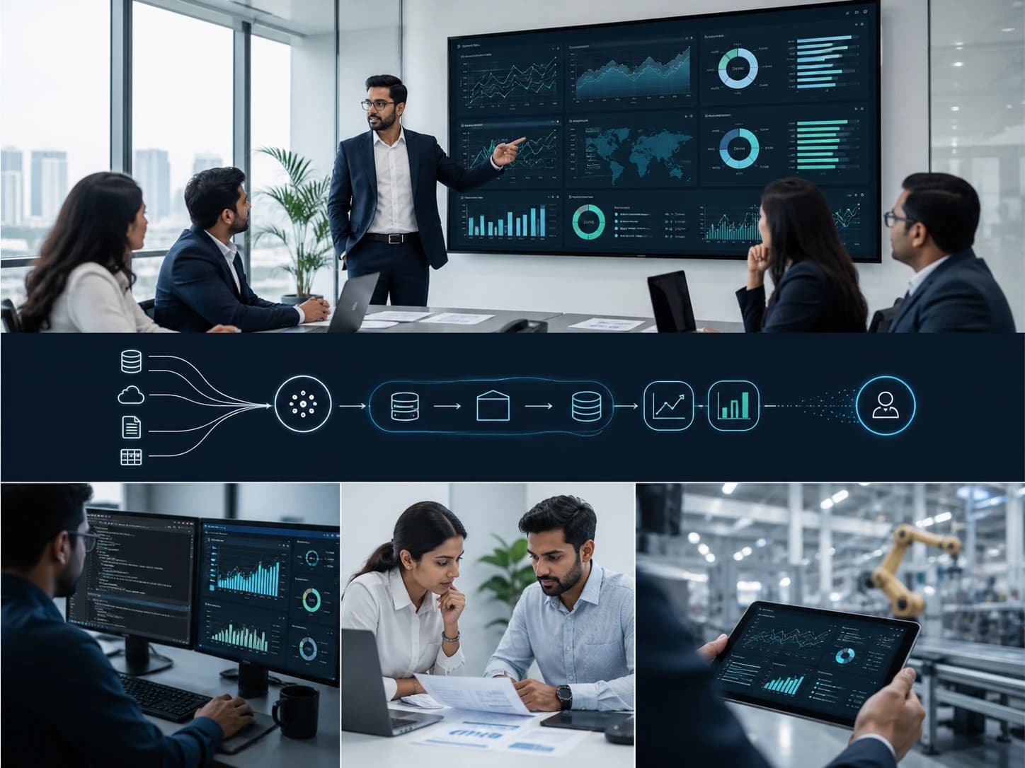 Corporate analytics collage with executive dashboard, data pipeline flow, analysts, code screens, reports, factory data, and decision support visuals