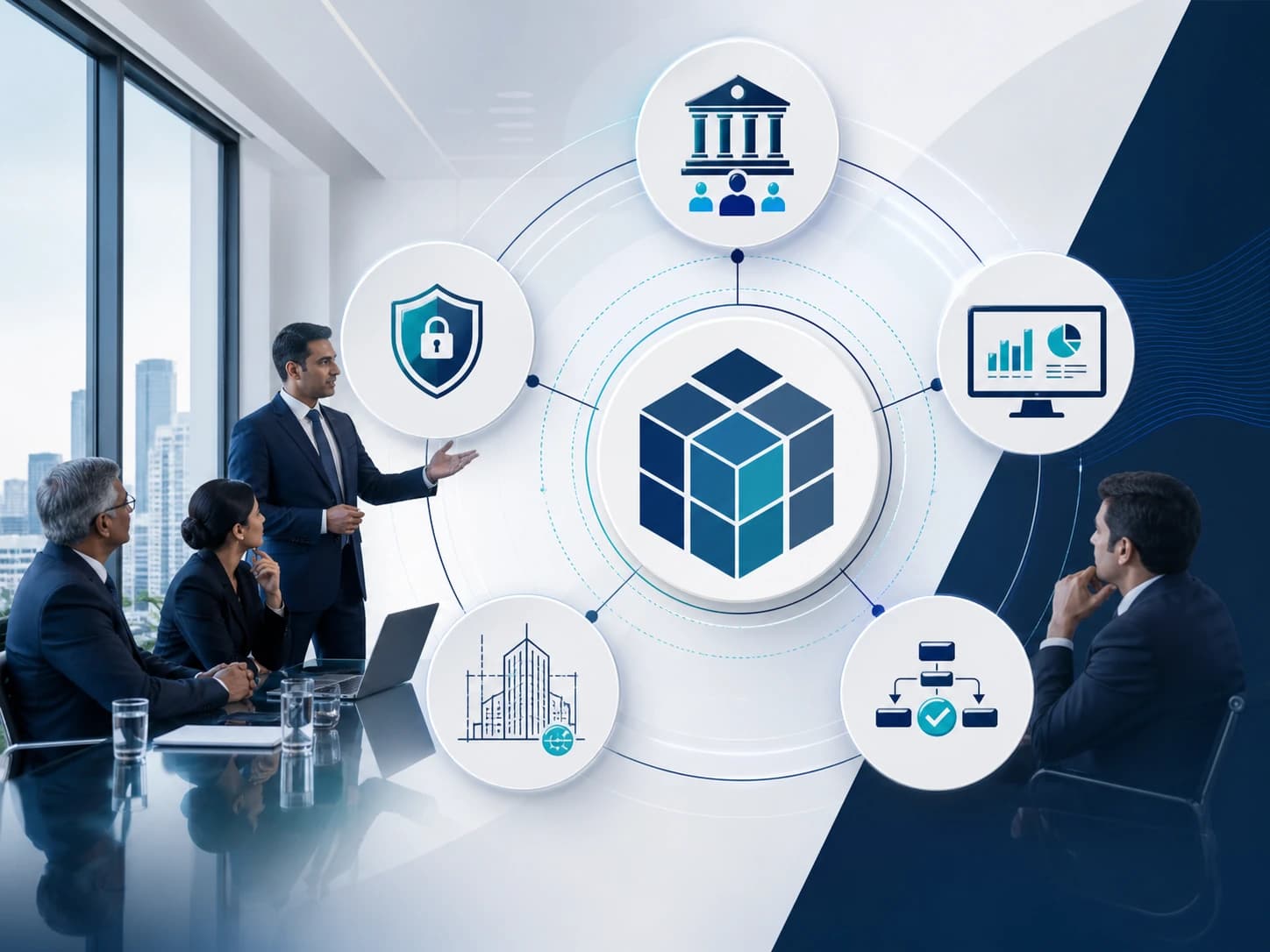 Executive corporate strategy meeting with modular enterprise system graphic, security, governance, dashboards, change control, and architecture visuals