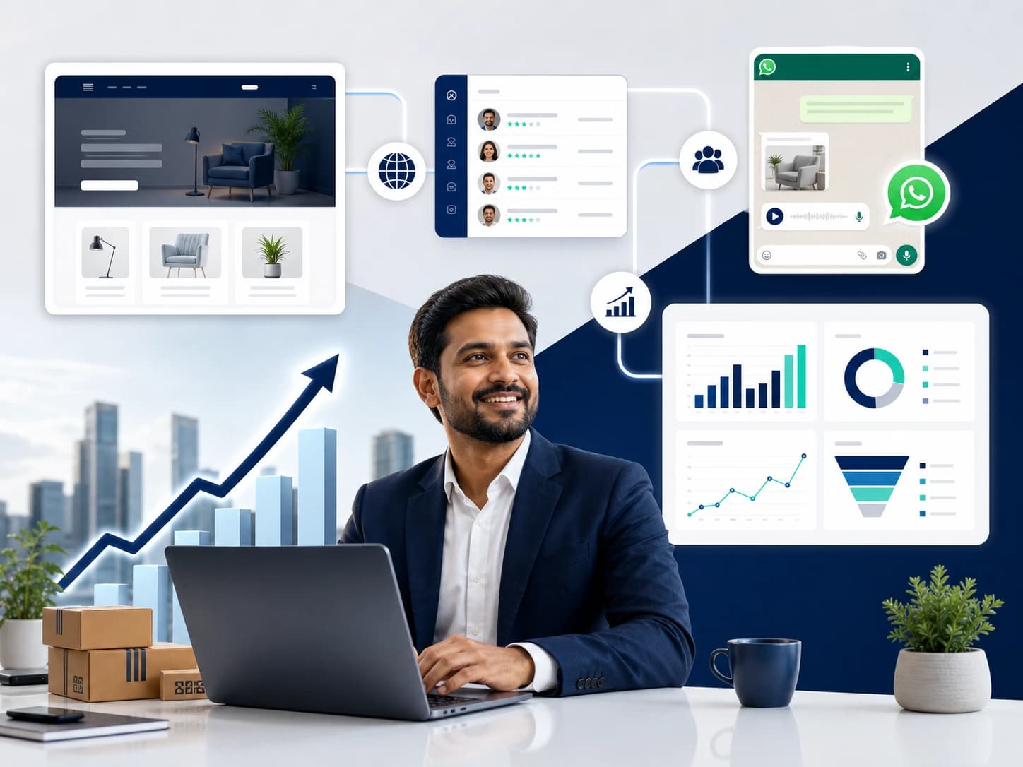 founder at laptop with growth arrow, website interface, WhatsApp customer flow, lead cards, and analytics dashboards