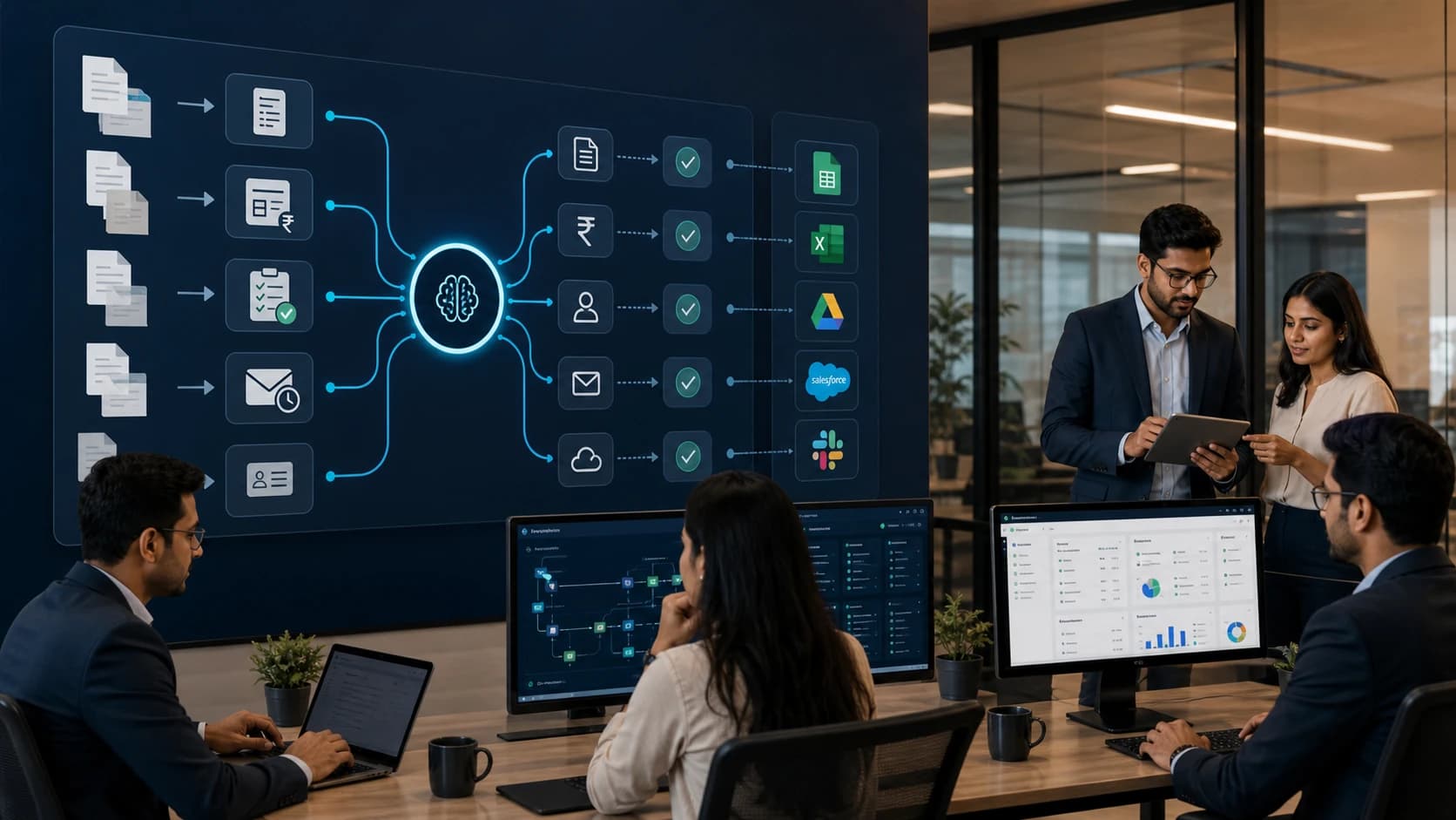 Office team reviewing workflow diagram with documents flowing into sheets, email, CRM, cloud storage, approvals, and automation checks