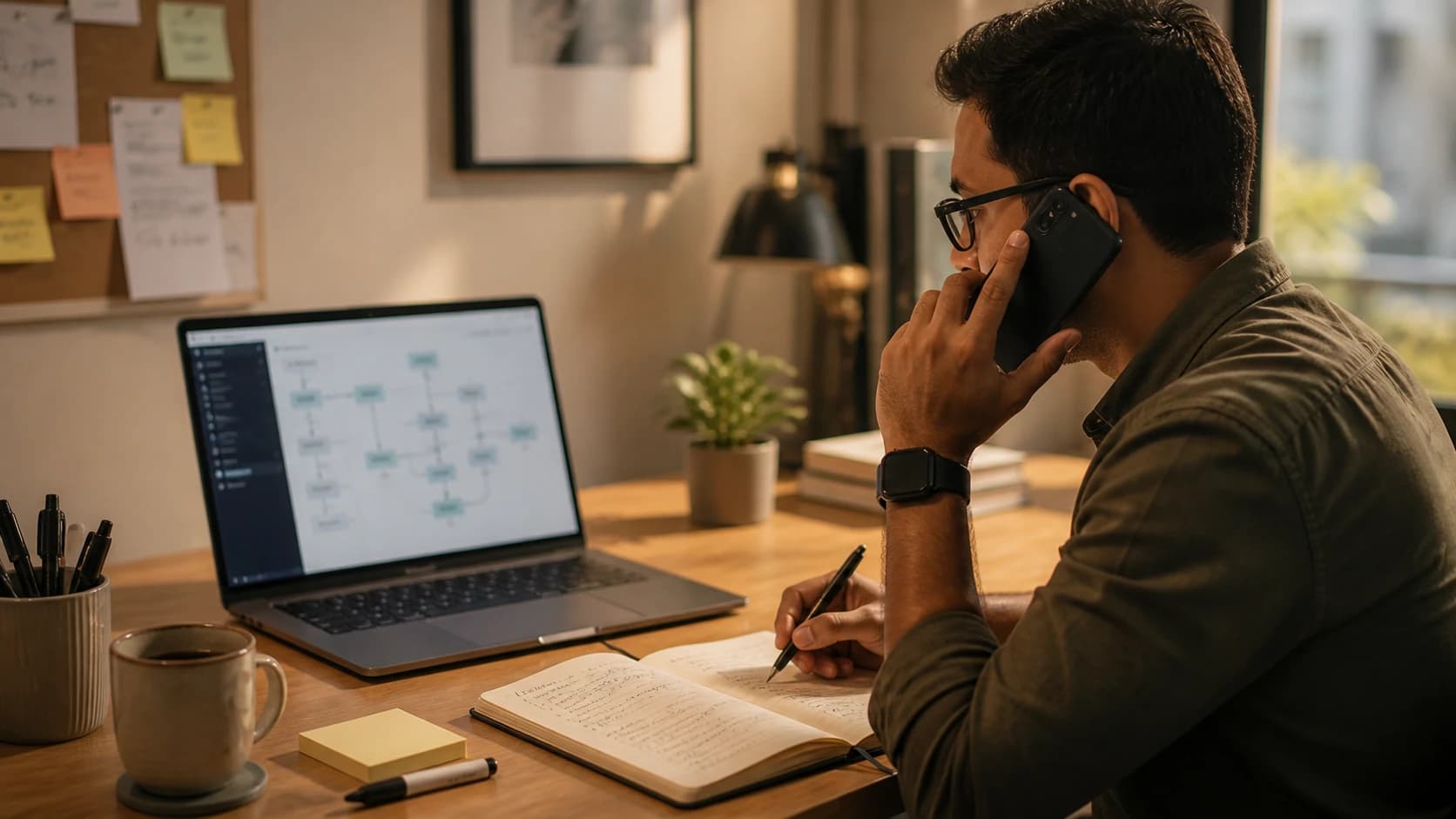 Support and operations team reviewing AI chat, voice, document automation, workflow routing, CRM updates, and business dashboards