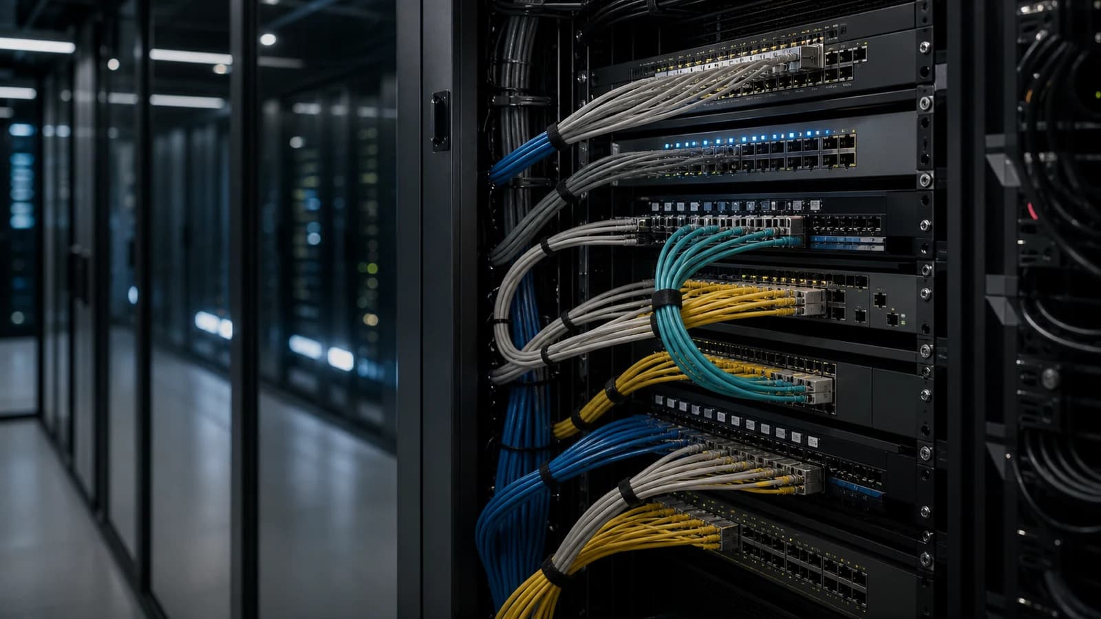 A clean enterprise patch-panel and fiber connectivity scene, used as a workplace metaphor for integrating many source systems into one controlled layer.