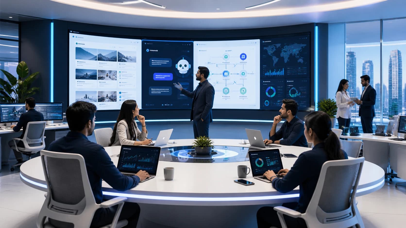 DataDost AI service command center with dashboards, chatbot, and workflow panels