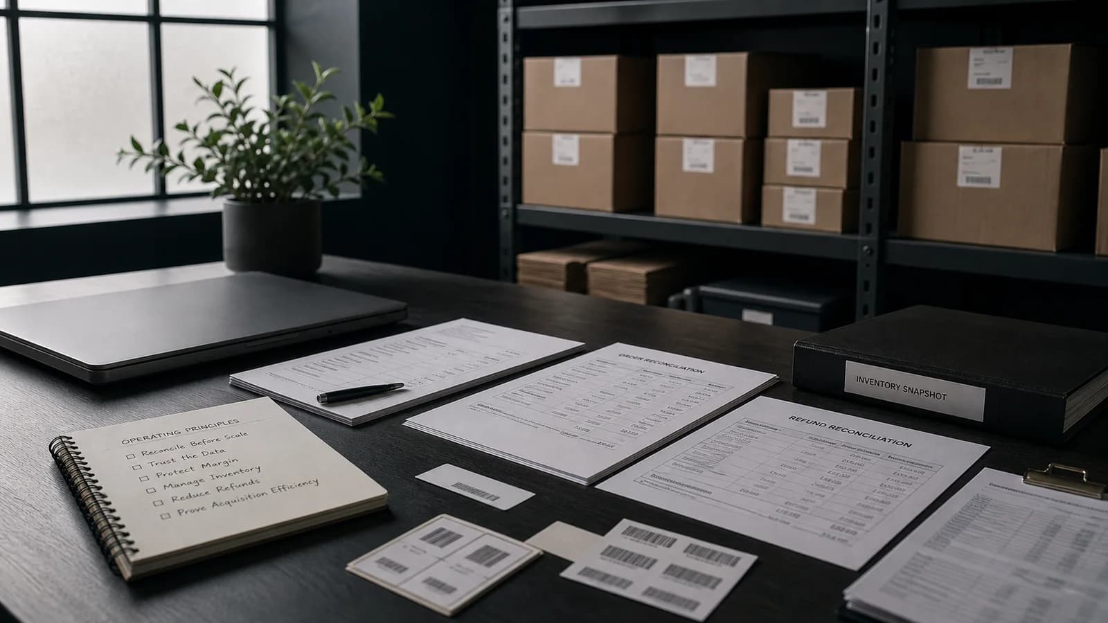 A formal ecommerce operations table with order reconciliation, refund reconciliation, inventory snapshot, barcode labels, and closed laptop.
