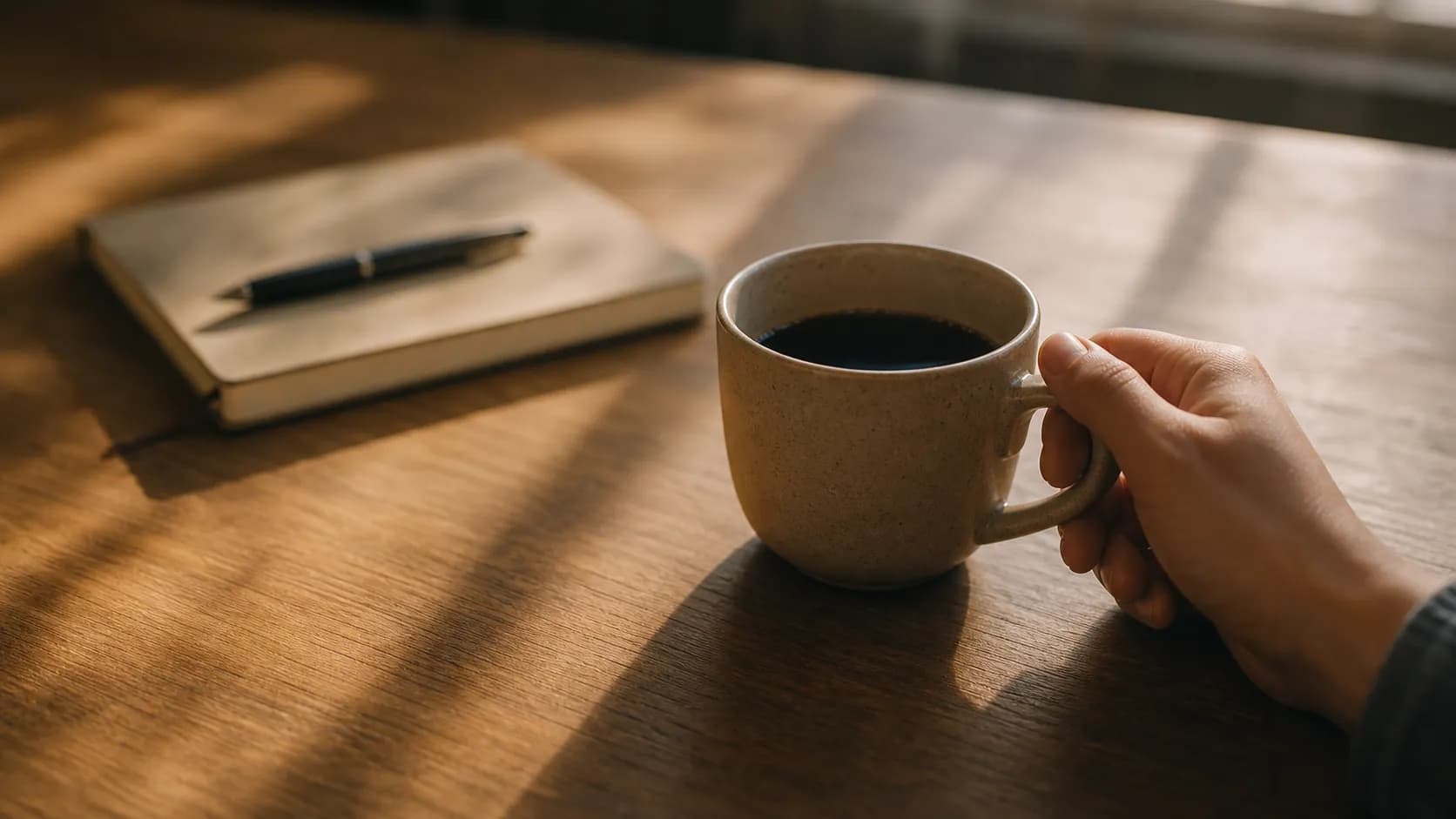 A calm support desk with a hand picking up a coffee cup beside a notebook and pen.
