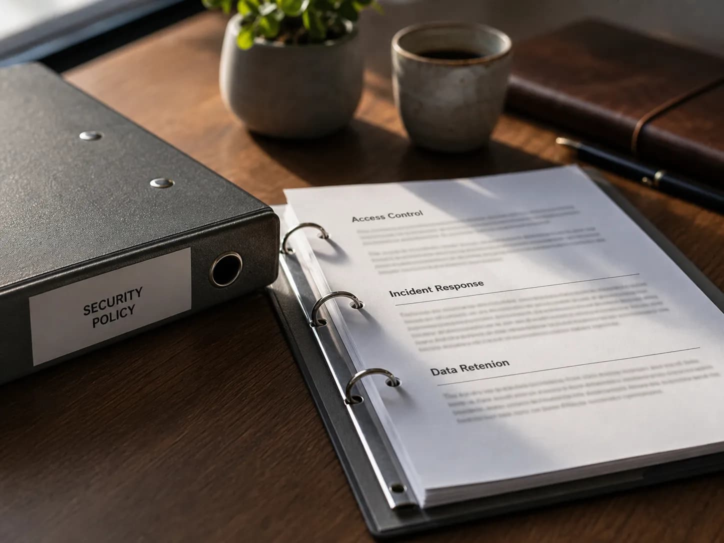 A security policy binder open on a wood desk with access control and incident response headers.